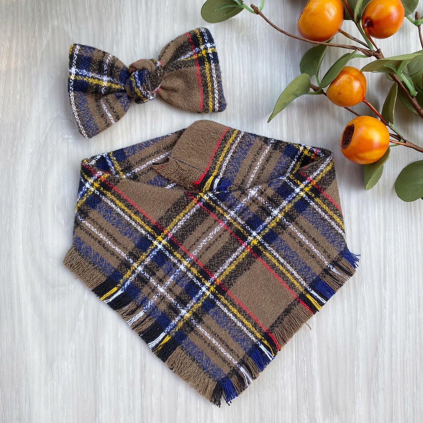 Frayed Plaid Dog Bandana, Reversible Snap Puppy Bow