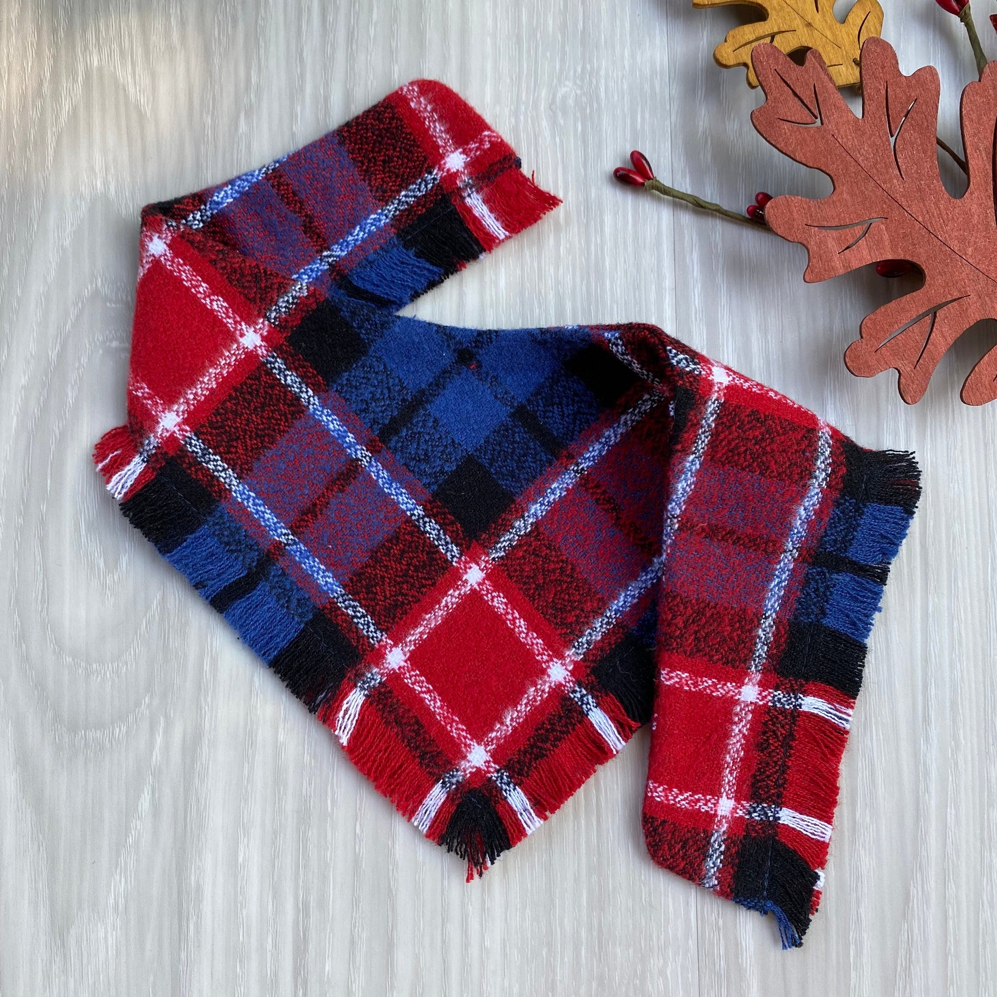 Reversible Frayed Plaid Dog Bandana, Snap-On Pet Scarf