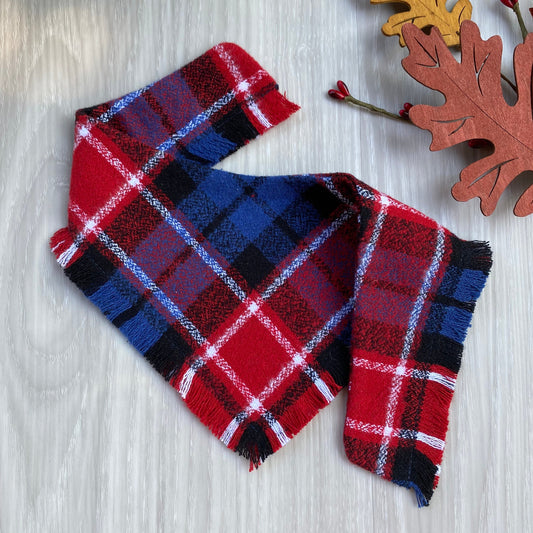 Reversible Frayed Plaid Dog Bandana, Snap-On Pet Scarf