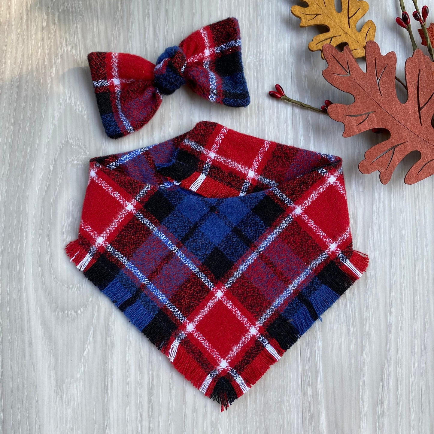 Reversible Frayed Plaid Dog Bandana, Snap-On Pet Scarf