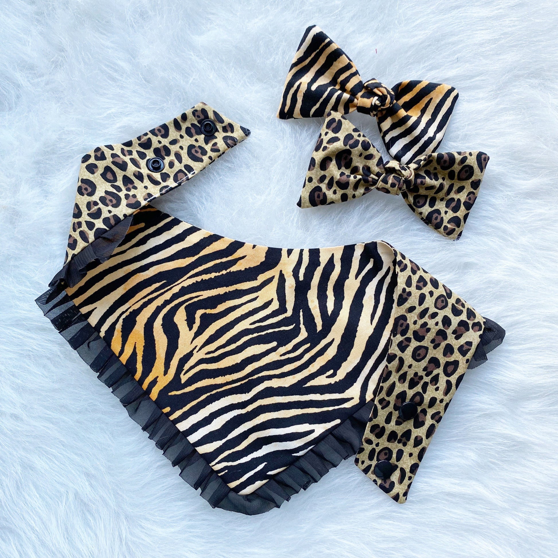 Reversible Tiger Cheetah Dog Bandana with Ruffle & Hair Bow