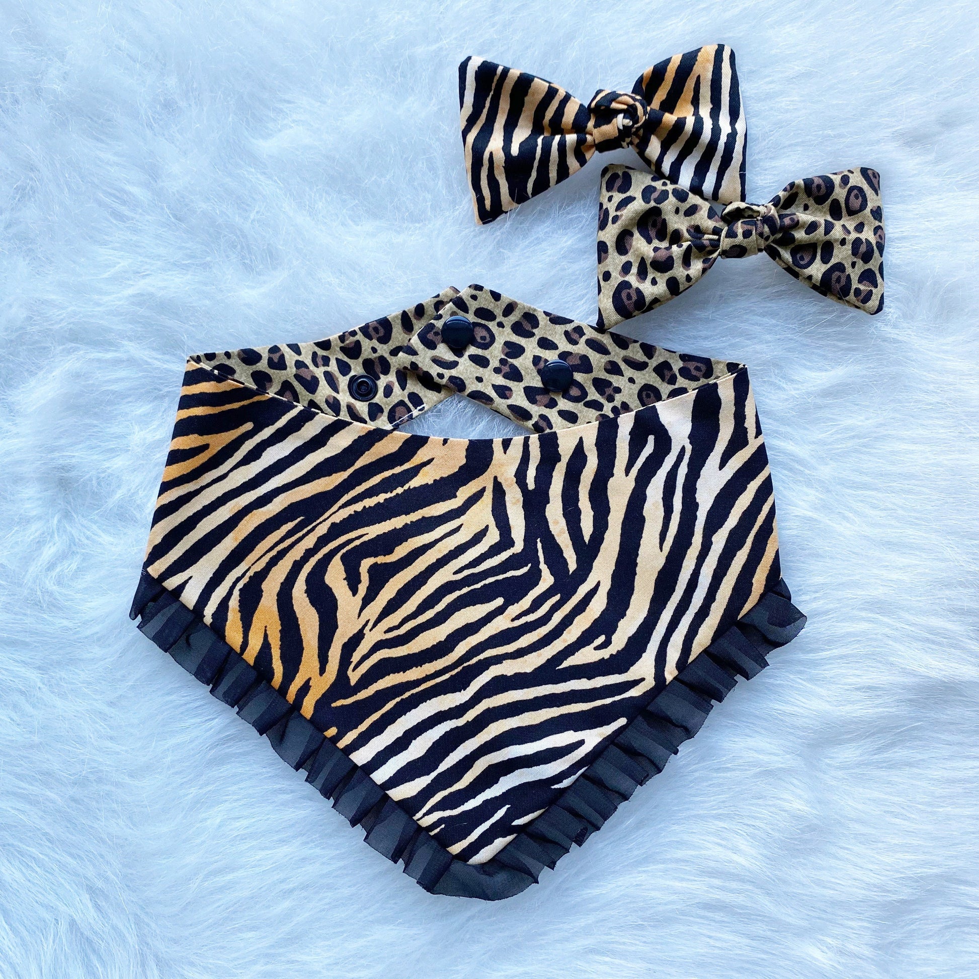Reversible Tiger Cheetah Dog Bandana with Ruffle & Hair Bow