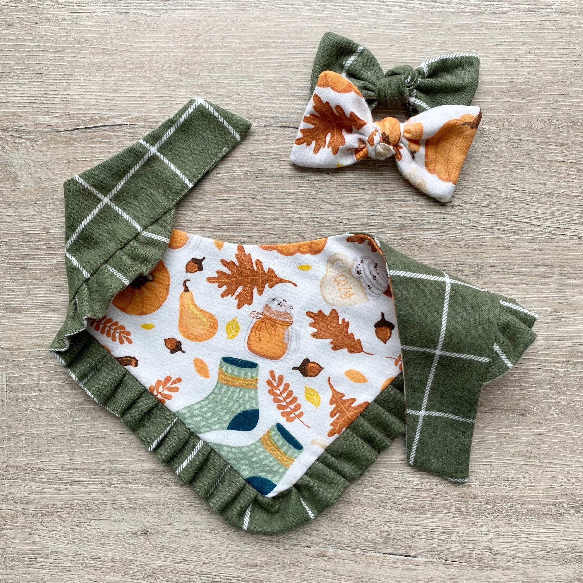 Thanksgiving Dog Bandana with Ruffle, Snap On, Fall Bow
