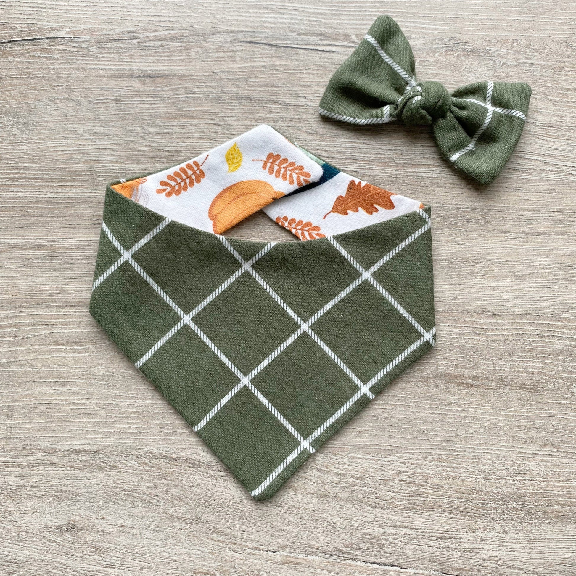 Thanksgiving Dog Bandana, Reversible Snap On, Matching Bow