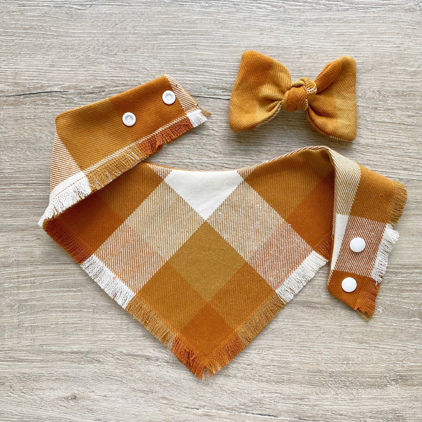 Plaid Dog Bandana, Mustard Puppy Bow, Reversible Pet Scarf