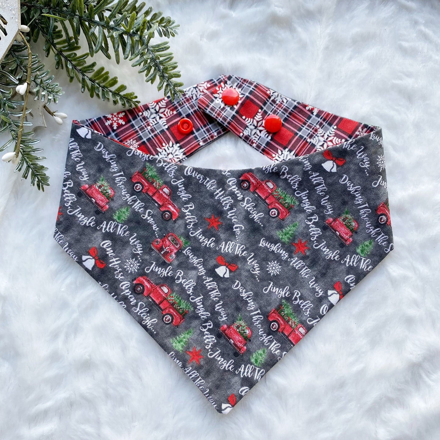 Christmas Dog Bandana with Red Truck and Matching Hair Bow