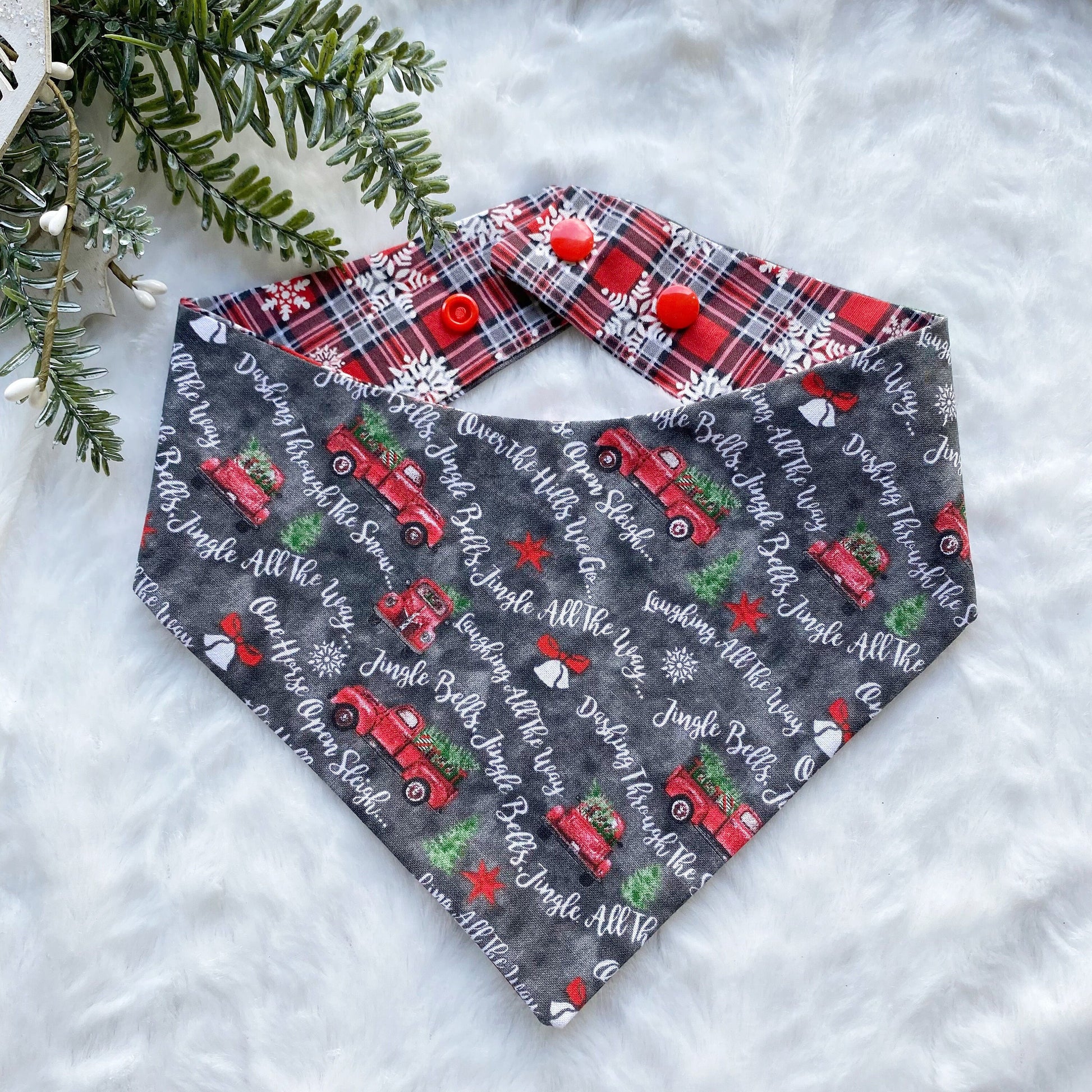 Christmas Dog Bandana with Red Truck and Matching Hair Bow
