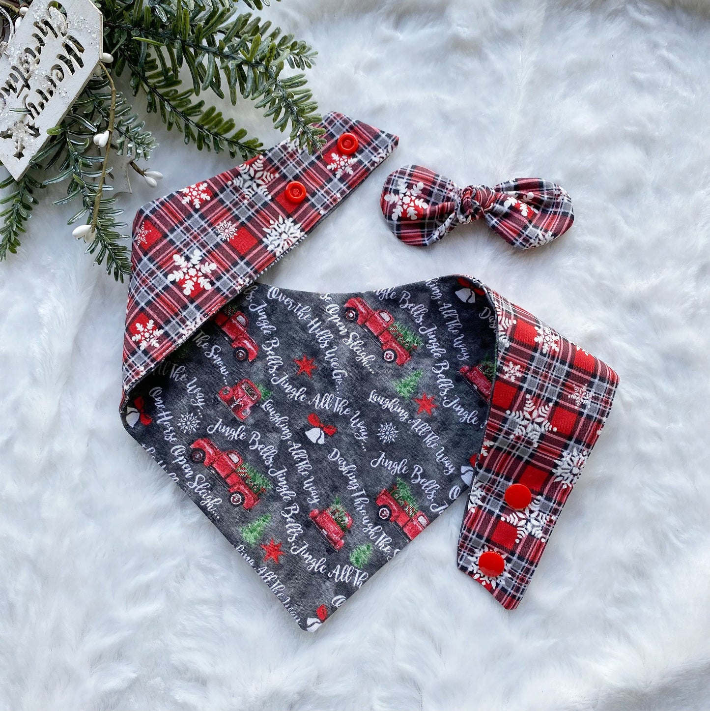Christmas Dog Bandana with Red Truck and Matching Hair Bow