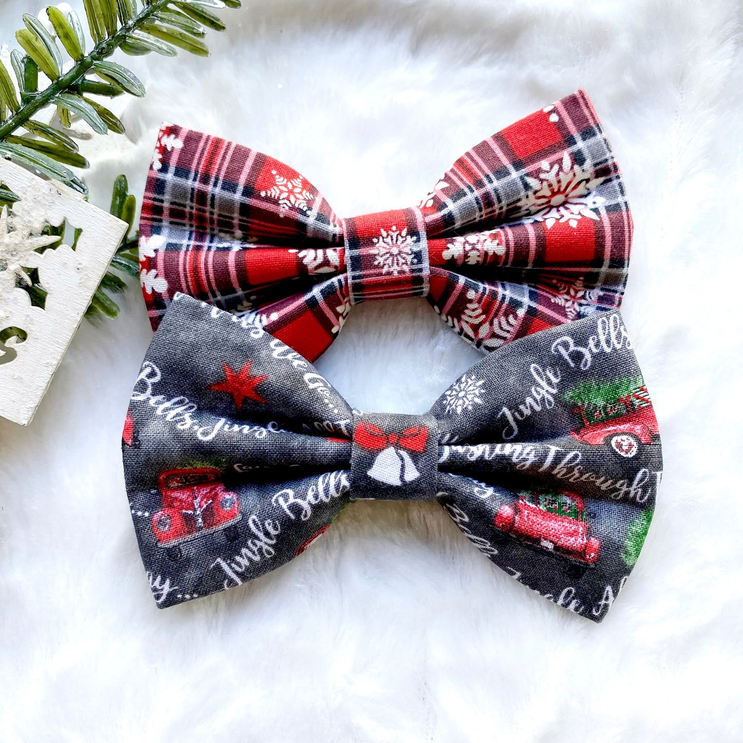 Christmas Dog Bowtie, Red Truck, Plaid, Dog Collar Bow Tie