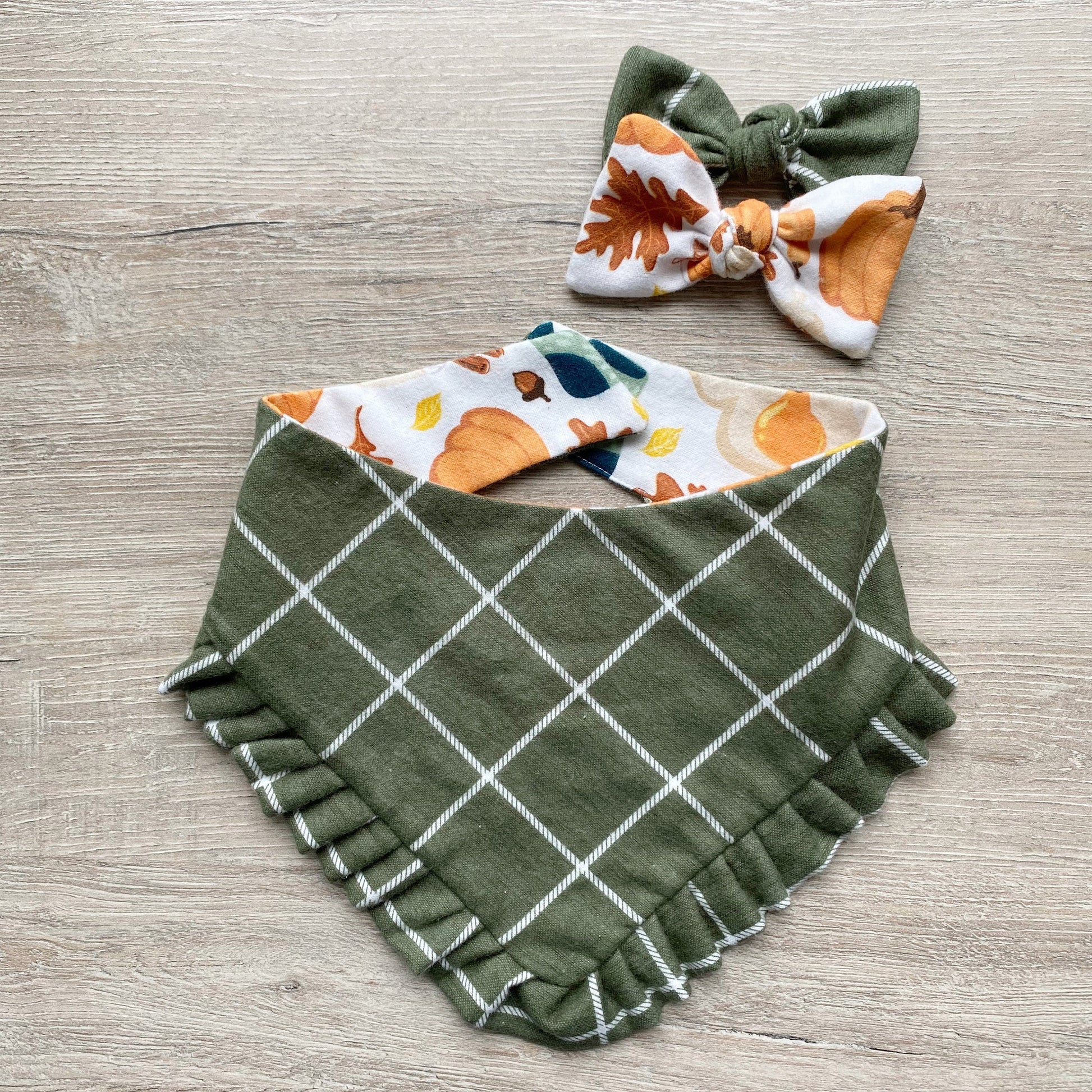 Thanksgiving Dog Bandana with Ruffle, Snap On, Fall Bow