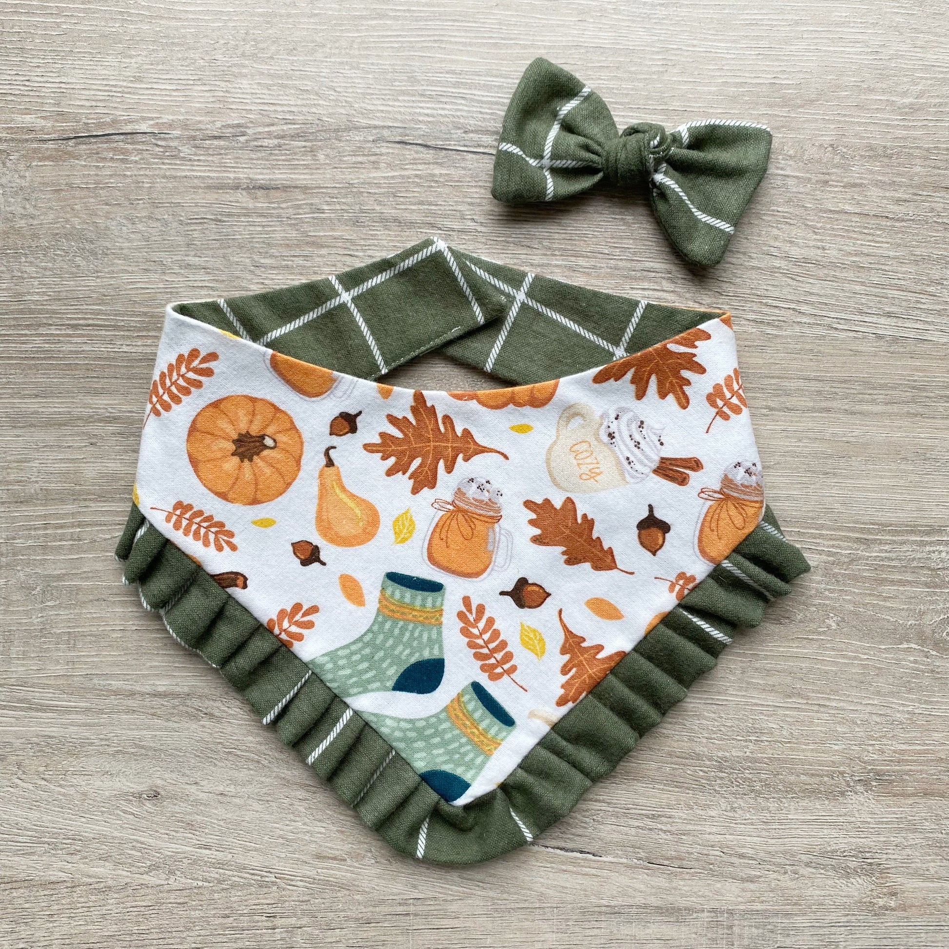 Thanksgiving Dog Bandana with Ruffle, Snap On, Fall Bow
