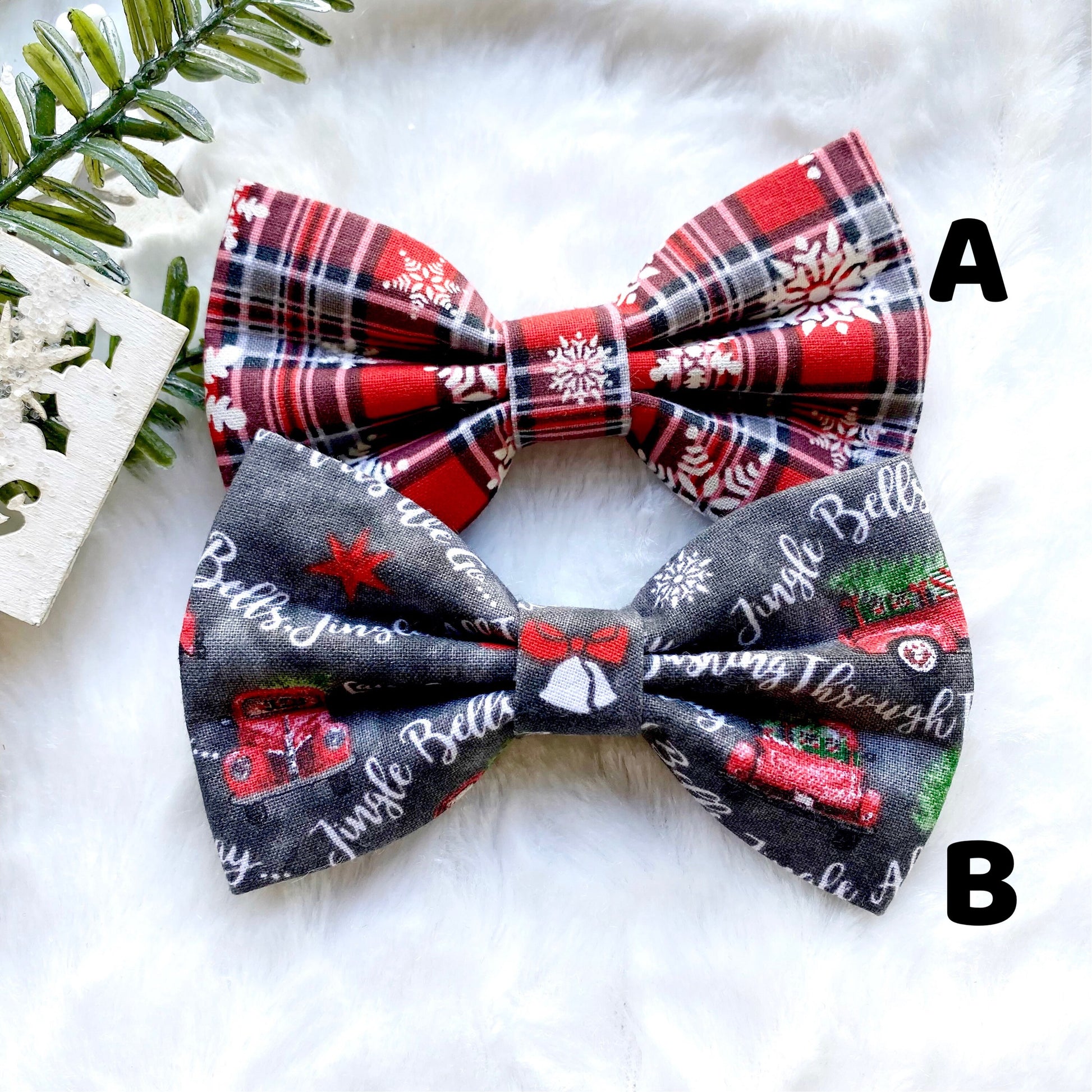 Christmas Dog Bowtie, Red Truck, Plaid, Dog Collar Bow Tie