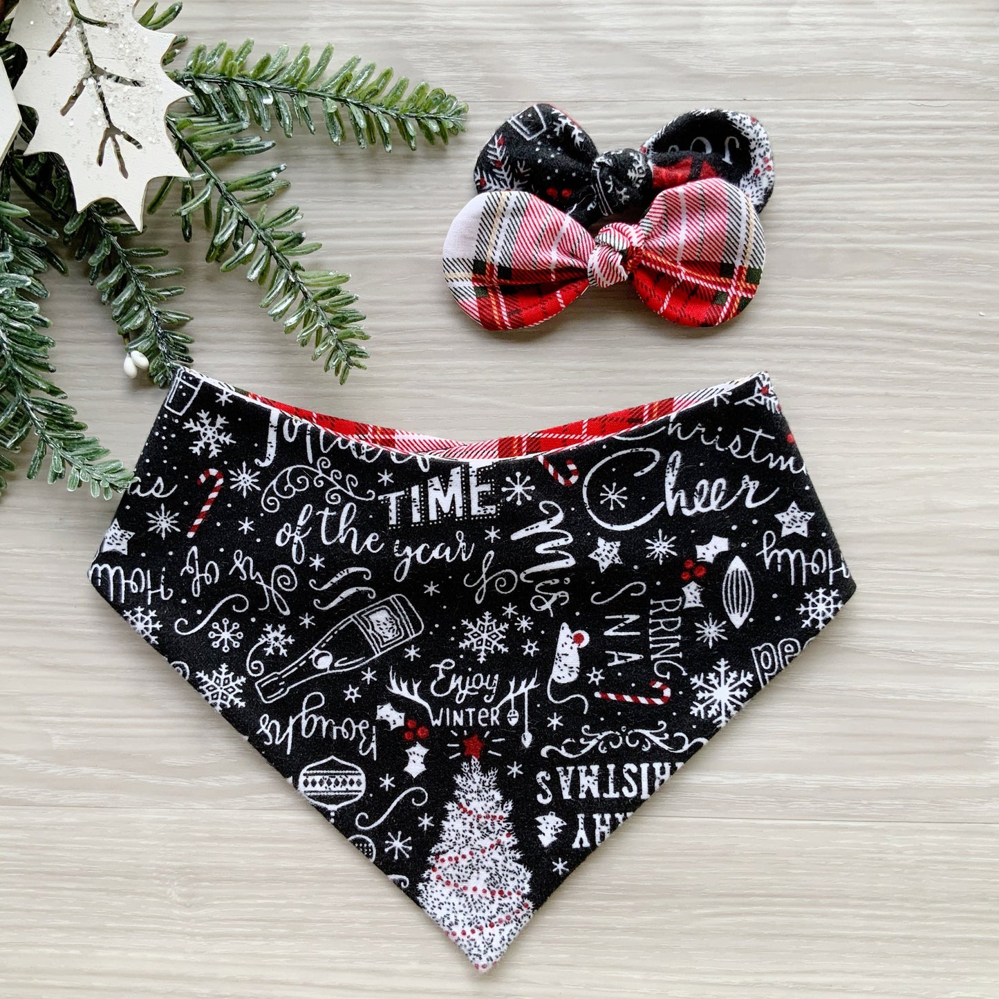 New! Christmas dog bandana, Cheers theme Dog bandana, Snap on Bandana, Matching hair-bow, Bow and Bandana, Hair Scrunchies, red white plaid