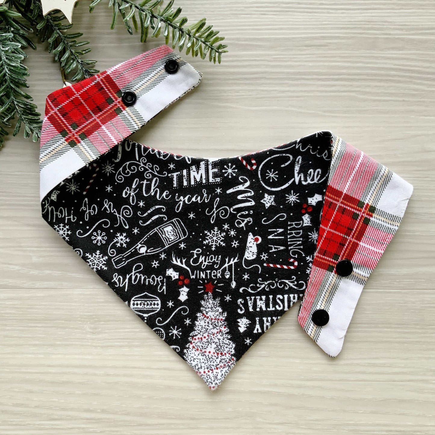 New! Christmas dog bandana, Cheers theme Dog bandana, Snap on Bandana, Matching hair-bow, Bow and Bandana, Hair Scrunchies, red white plaid