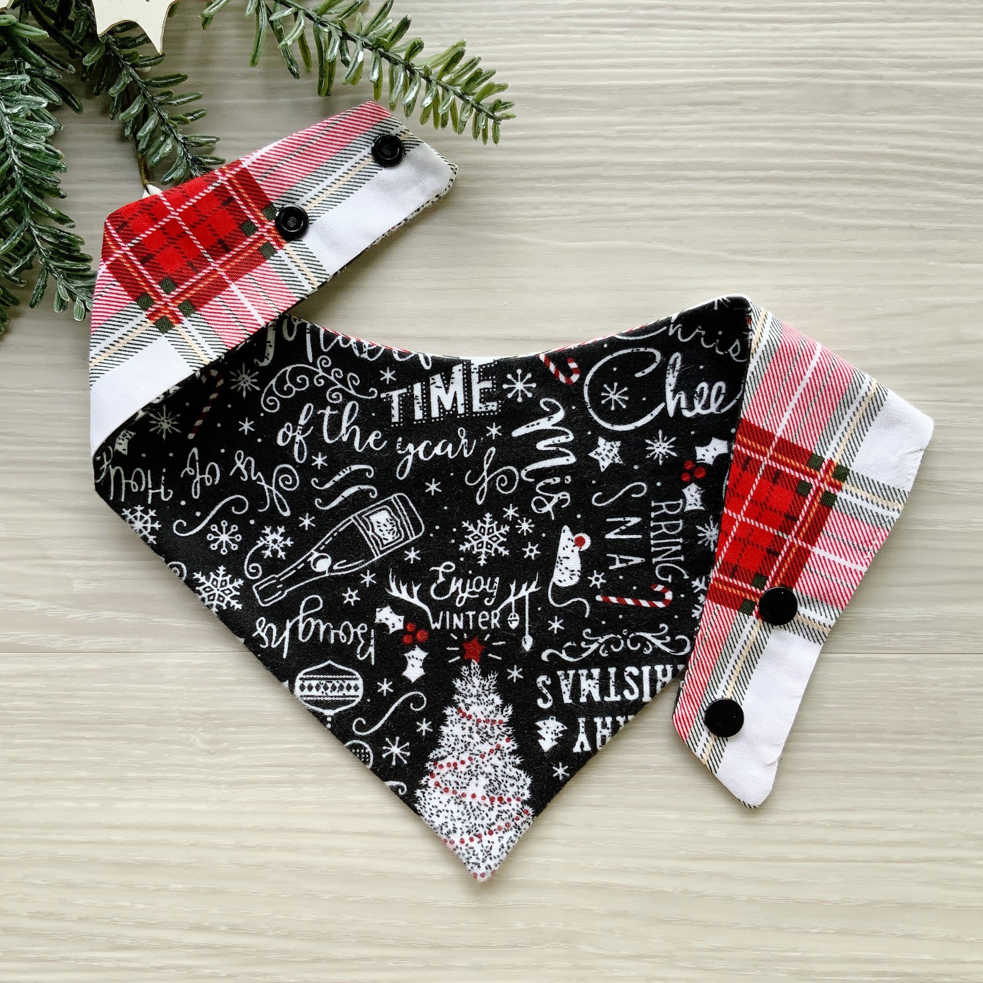 New! Christmas dog bandana, Cheers theme Dog bandana, Snap on Bandana, Matching hair-bow, Bow and Bandana, Hair Scrunchies, red white plaid