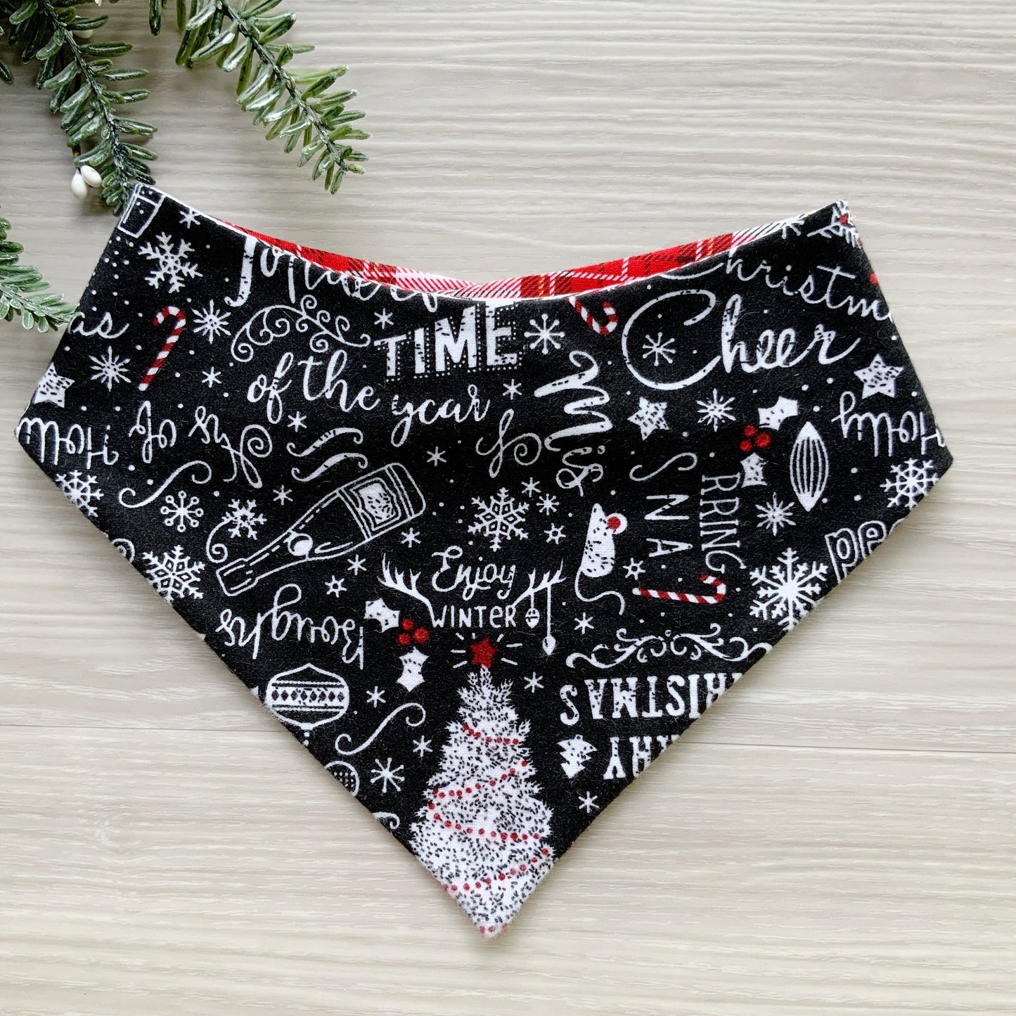 New! Christmas dog bandana, Cheers theme Dog bandana, Snap on Bandana, Matching hair-bow, Bow and Bandana, Hair Scrunchies, red white plaid
