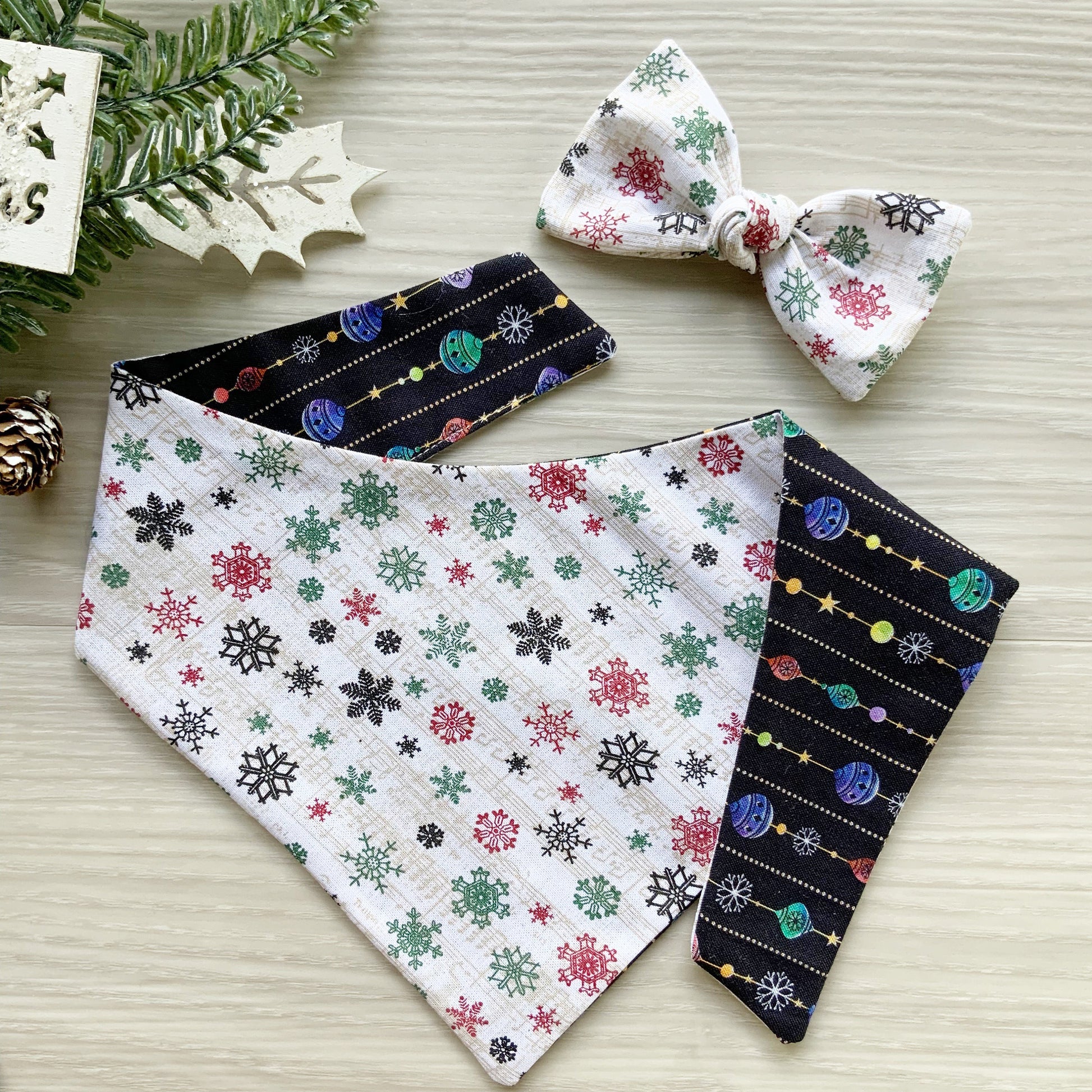 Ornaments and Christmas Tree Dog bandana, Snap on Bandana, Matching hair-bow, Bow and Bandana, Hair Scrunchies, red plaid