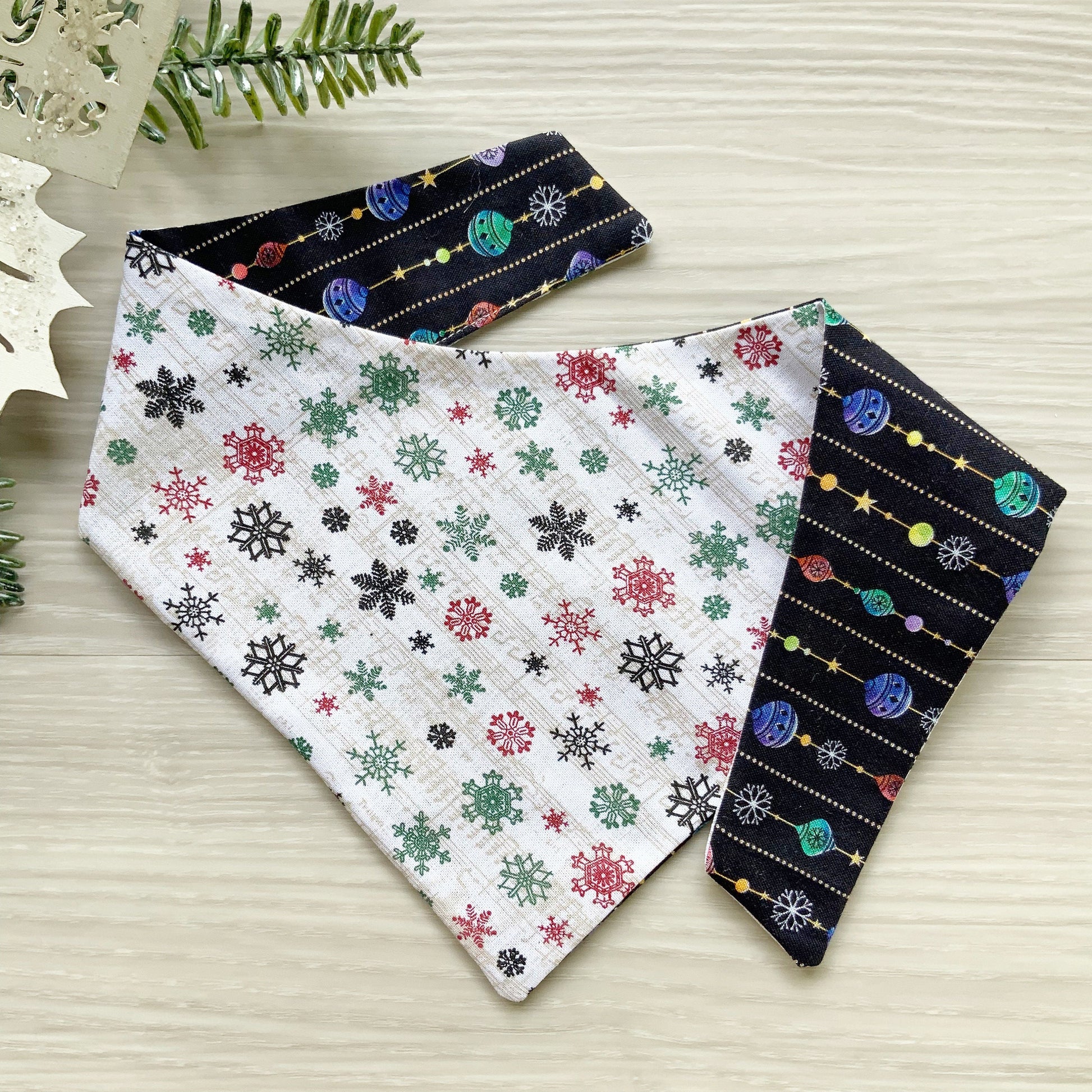 Ornaments and Christmas Tree Dog bandana, Snap on Bandana, Matching hair-bow, Bow and Bandana, Hair Scrunchies, red plaid