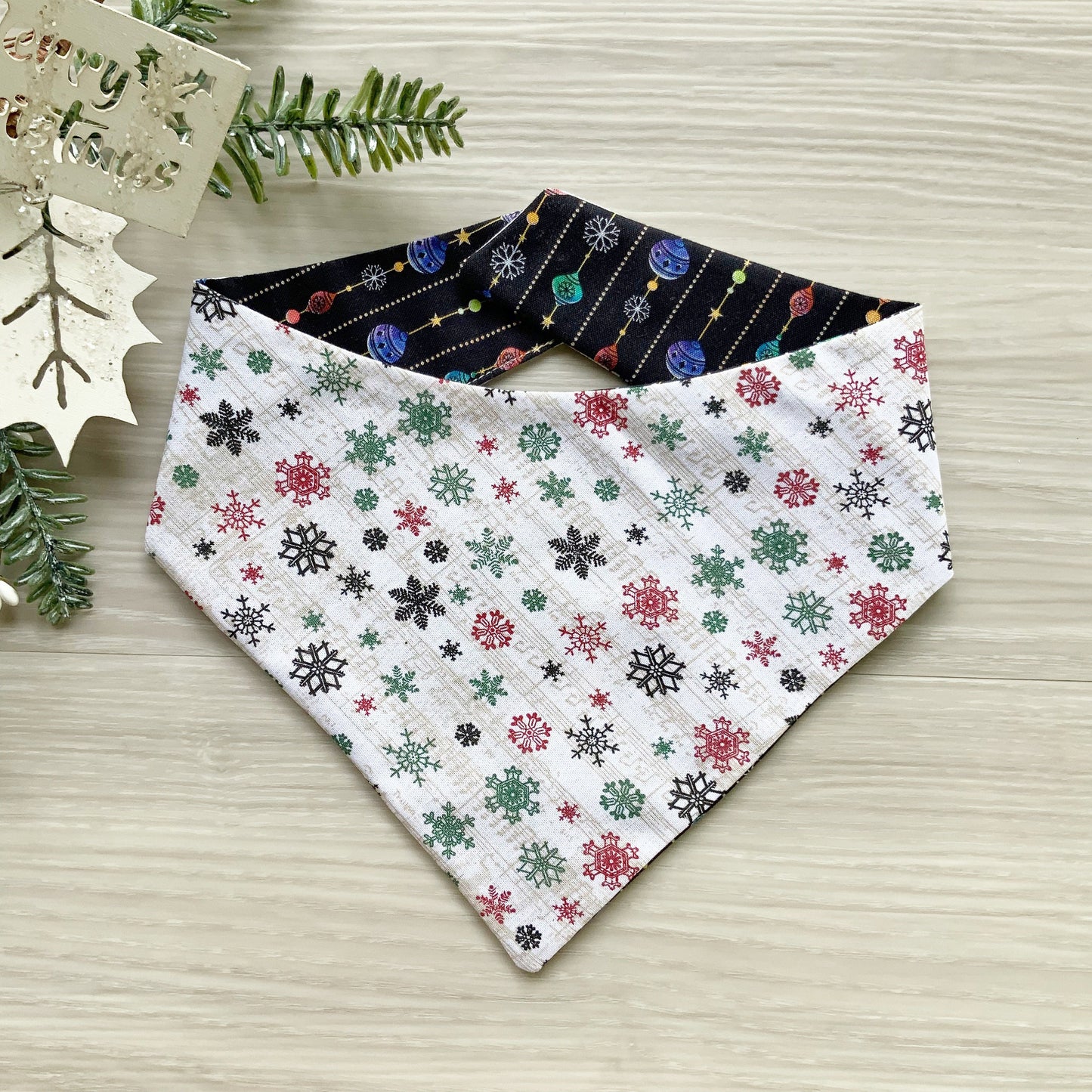 Ornaments and Christmas Tree Dog bandana, Snap on Bandana, Matching hair-bow, Bow and Bandana, Hair Scrunchies, red plaid