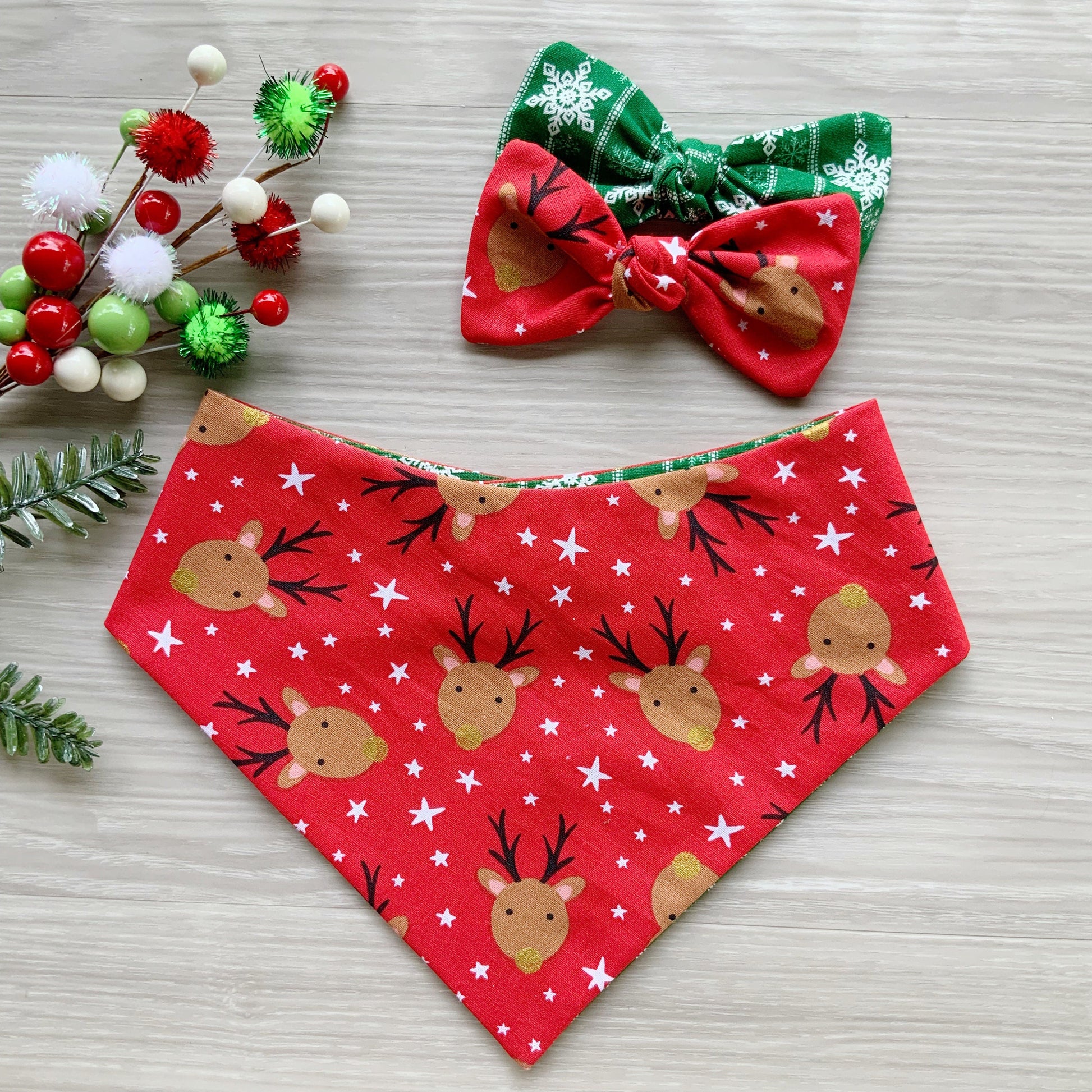 Reindeer and Snowflake Christmas Dog bandana, Snap on Bandana, Matching hair-bow, Bow and Bandana, Hair Scrunchies, red plaid