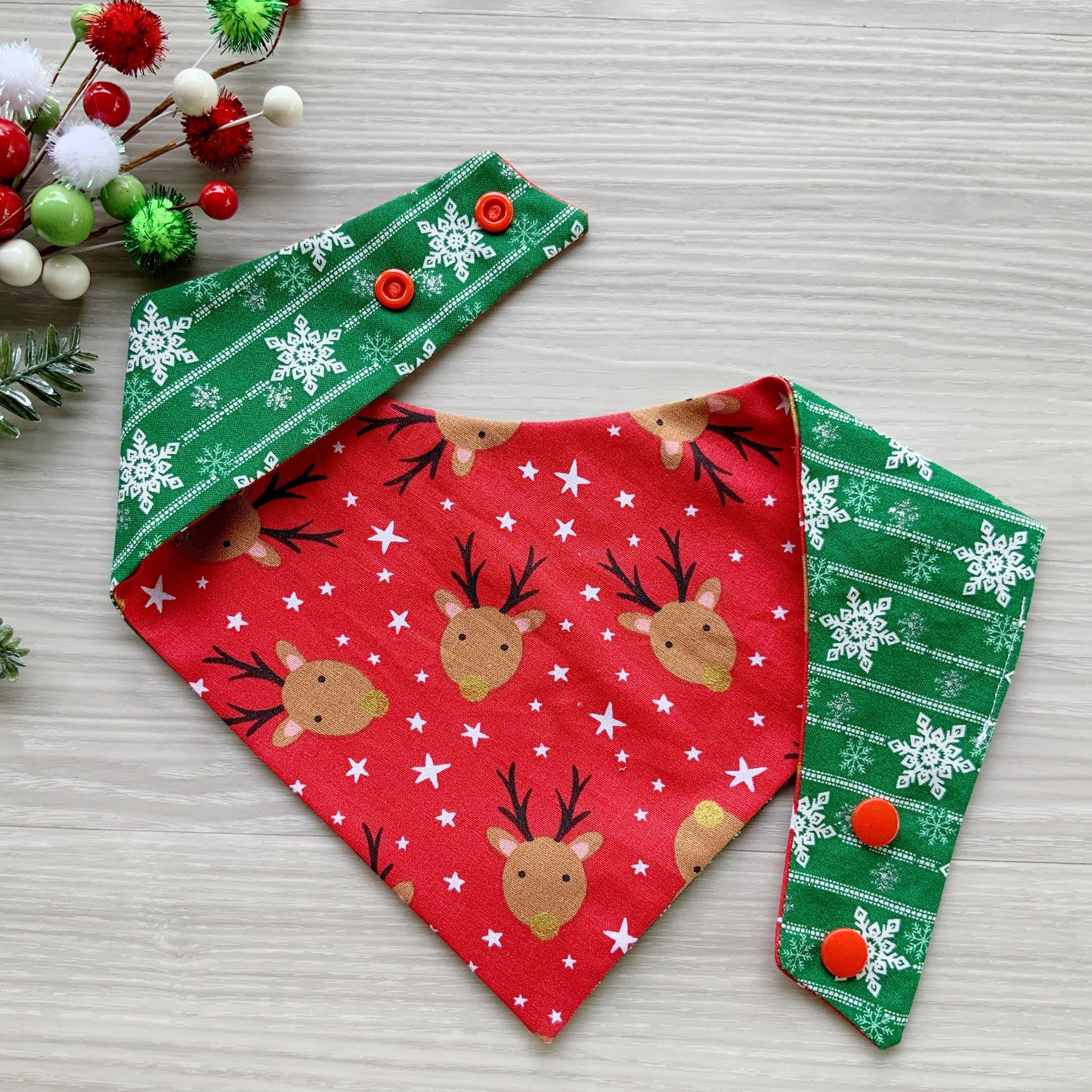 Reindeer and Snowflake Christmas Dog bandana, Snap on Bandana, Matching hair-bow, Bow and Bandana, Hair Scrunchies, red plaid