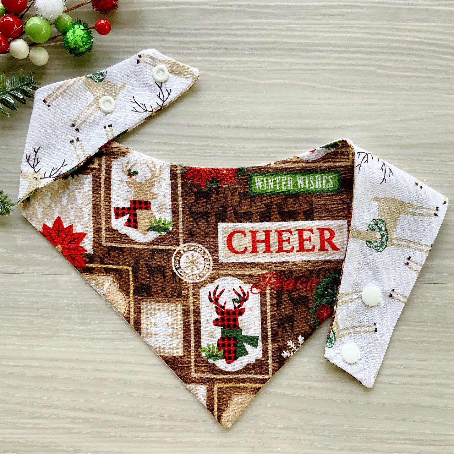 New! Christmas Deer Dog bandana, Snap on Bandana, Matching hair-bow, Bow and Bandana, Hair Scrunchies, reindeer