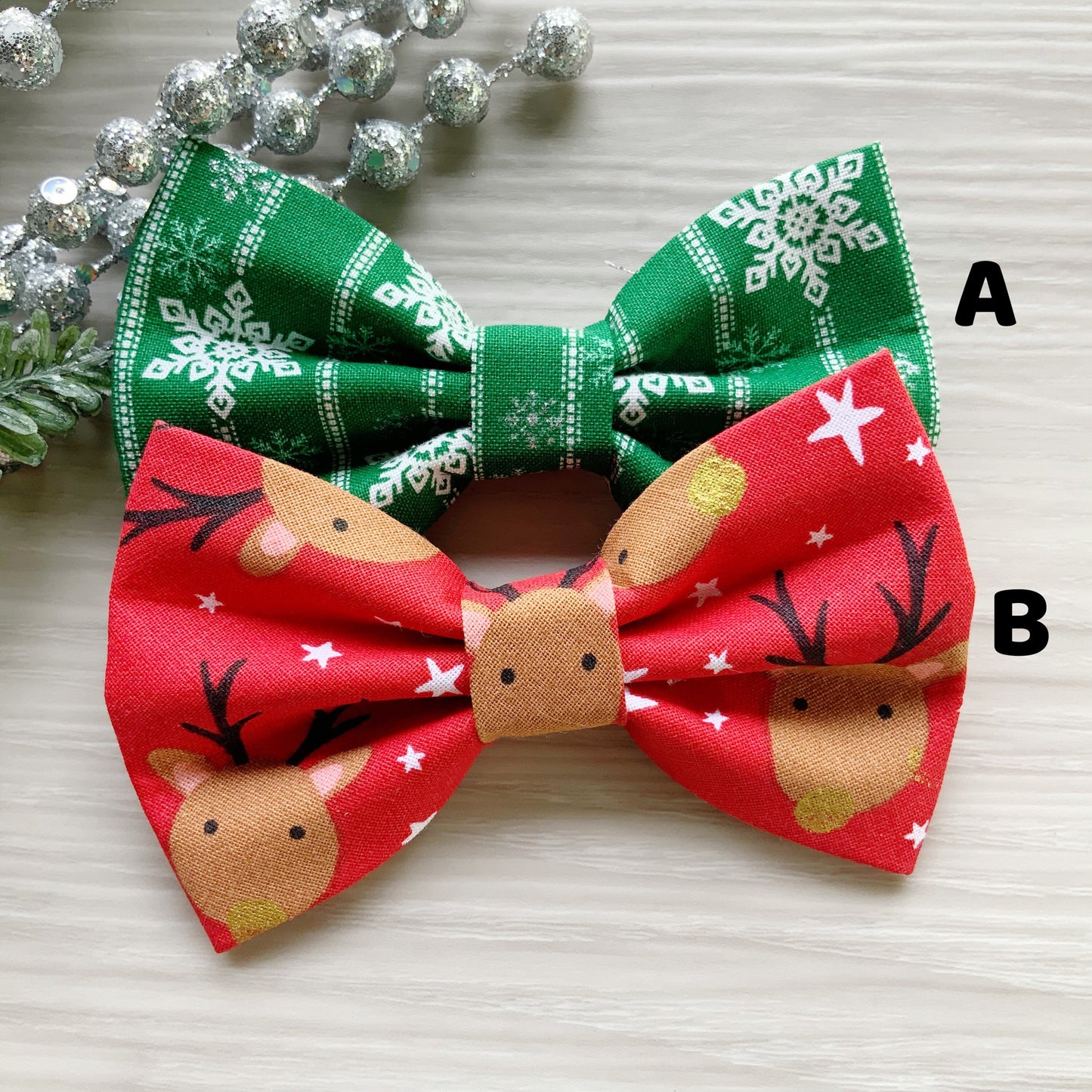 Christmas Dog Bowtie, Reindeer and Snowflake Pattern, Dog Collar Accessory