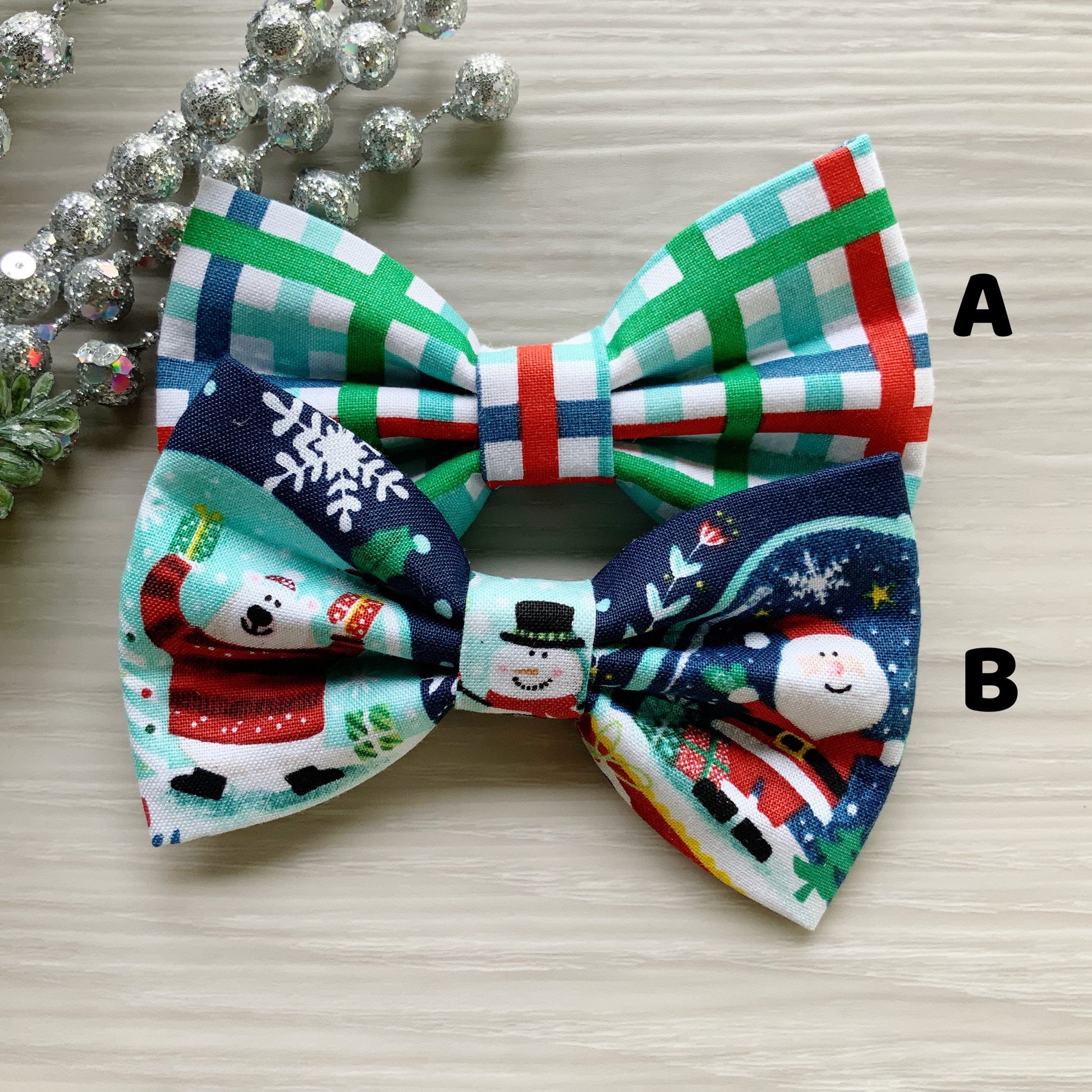 Christmas dog bowties, smile snowman and red stripes