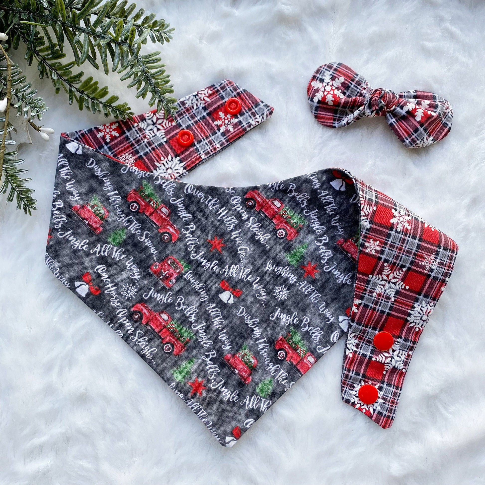 Christmas Dog Bandana with Red Truck and Matching Hair Bow