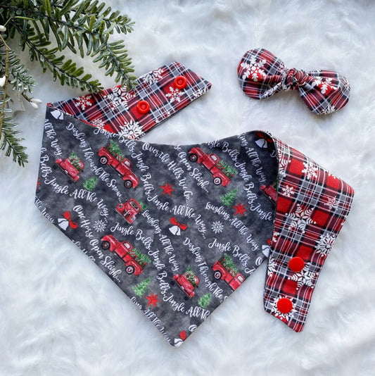 Christmas Dog Bandana with Red Truck and Matching Hair Bow