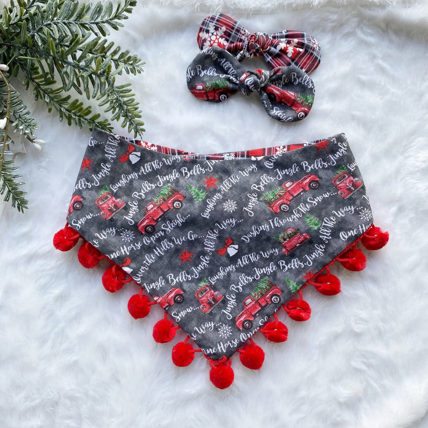 New Christmas dog bandana, red truck bandana, Seasons Dog Bandana, easy snap-on dog bandana, pet accessory, bandana for dogs, pompom bandana