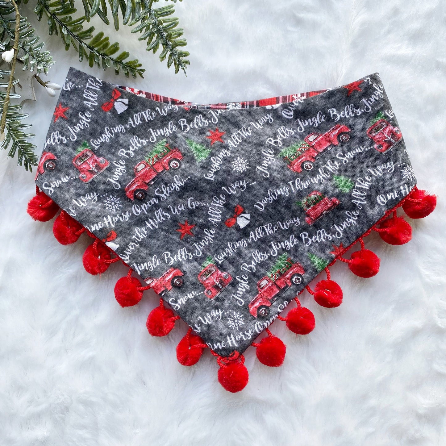 New Christmas dog bandana, red truck bandana, Seasons Dog Bandana, easy snap-on dog bandana, pet accessory, bandana for dogs, pompom bandana