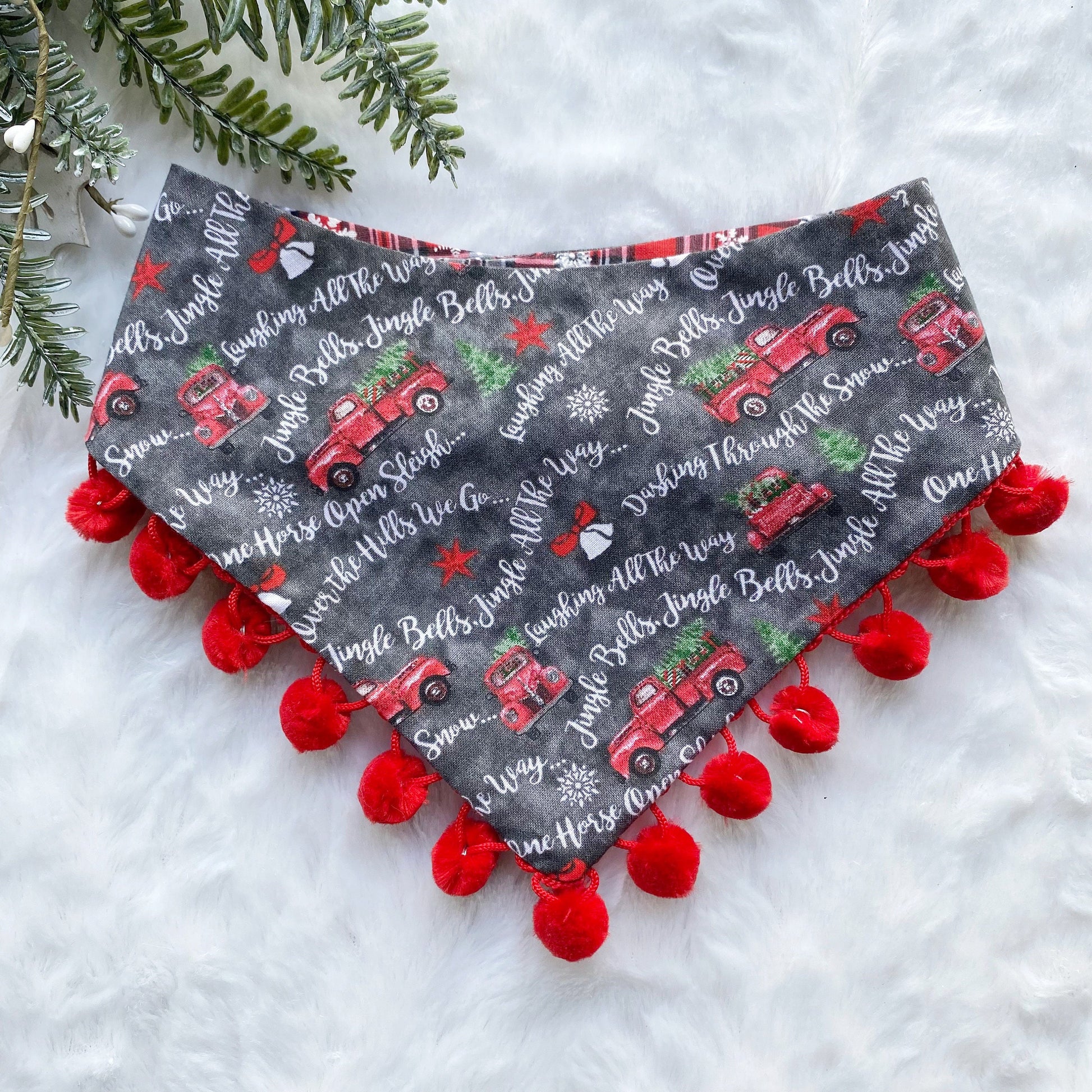 New Christmas dog bandana, red truck bandana, Seasons Dog Bandana, easy snap-on dog bandana, pet accessory, bandana for dogs, pompom bandana