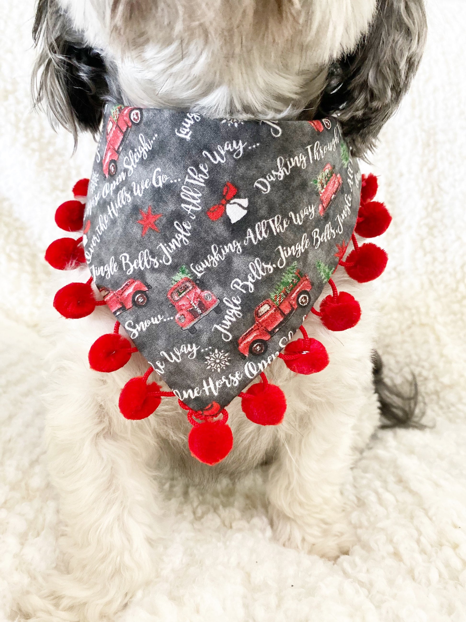 New Christmas dog bandana, red truck bandana, Seasons Dog Bandana, easy snap-on dog bandana, pet accessory, bandana for dogs, pompom bandana