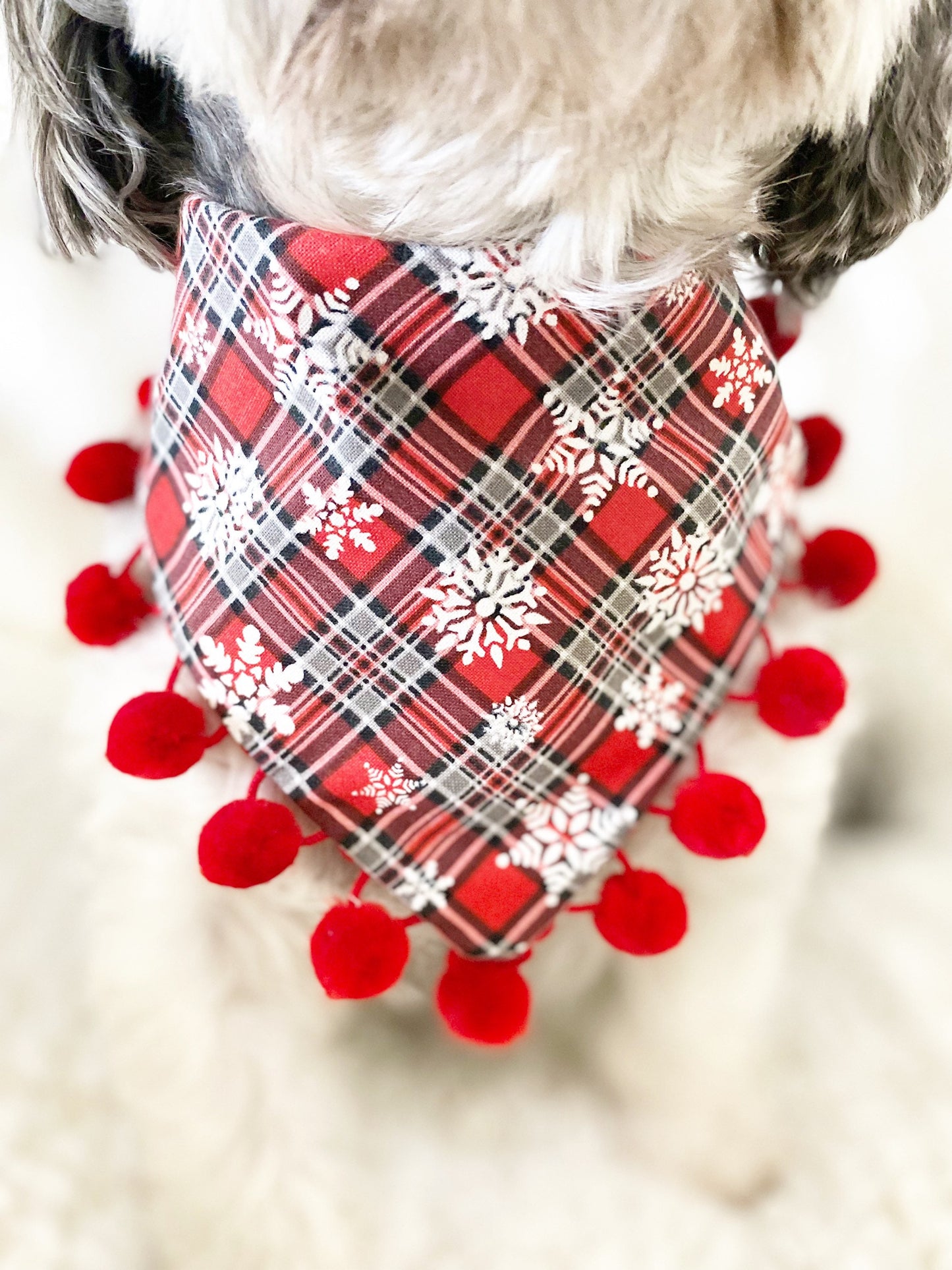 New Christmas dog bandana, red truck bandana, Seasons Dog Bandana, easy snap-on dog bandana, pet accessory, bandana for dogs, pompom bandana