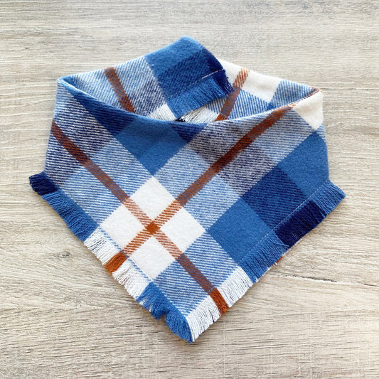 Frayed Plaid Dog Bandana, Blue white Dog Accessories, Puppy Bow, Pet Scarf, reversible, snaps on bandana, winter bandana, flannel bandana