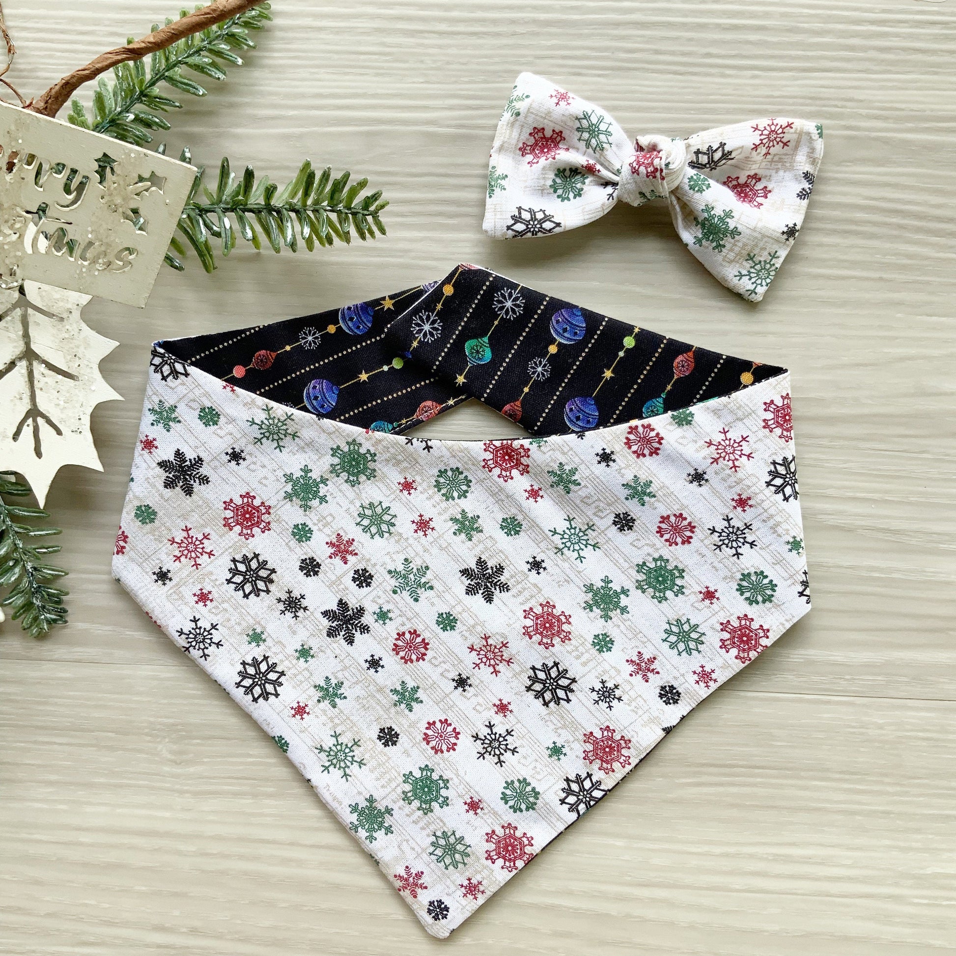 Ornaments and Christmas Tree Dog bandana, Snap on Bandana, Matching hair-bow, Bow and Bandana, Hair Scrunchies, red plaid