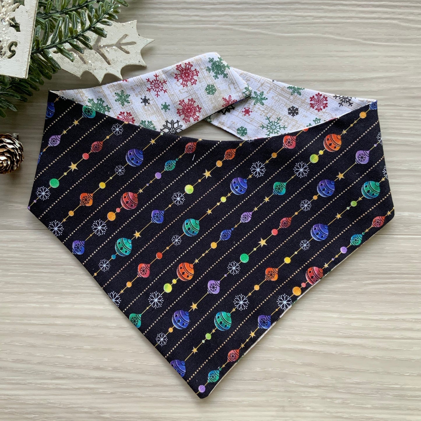Ornaments and Christmas Tree Dog bandana, Snap on Bandana, Matching hair-bow, Bow and Bandana, Hair Scrunchies, red plaid