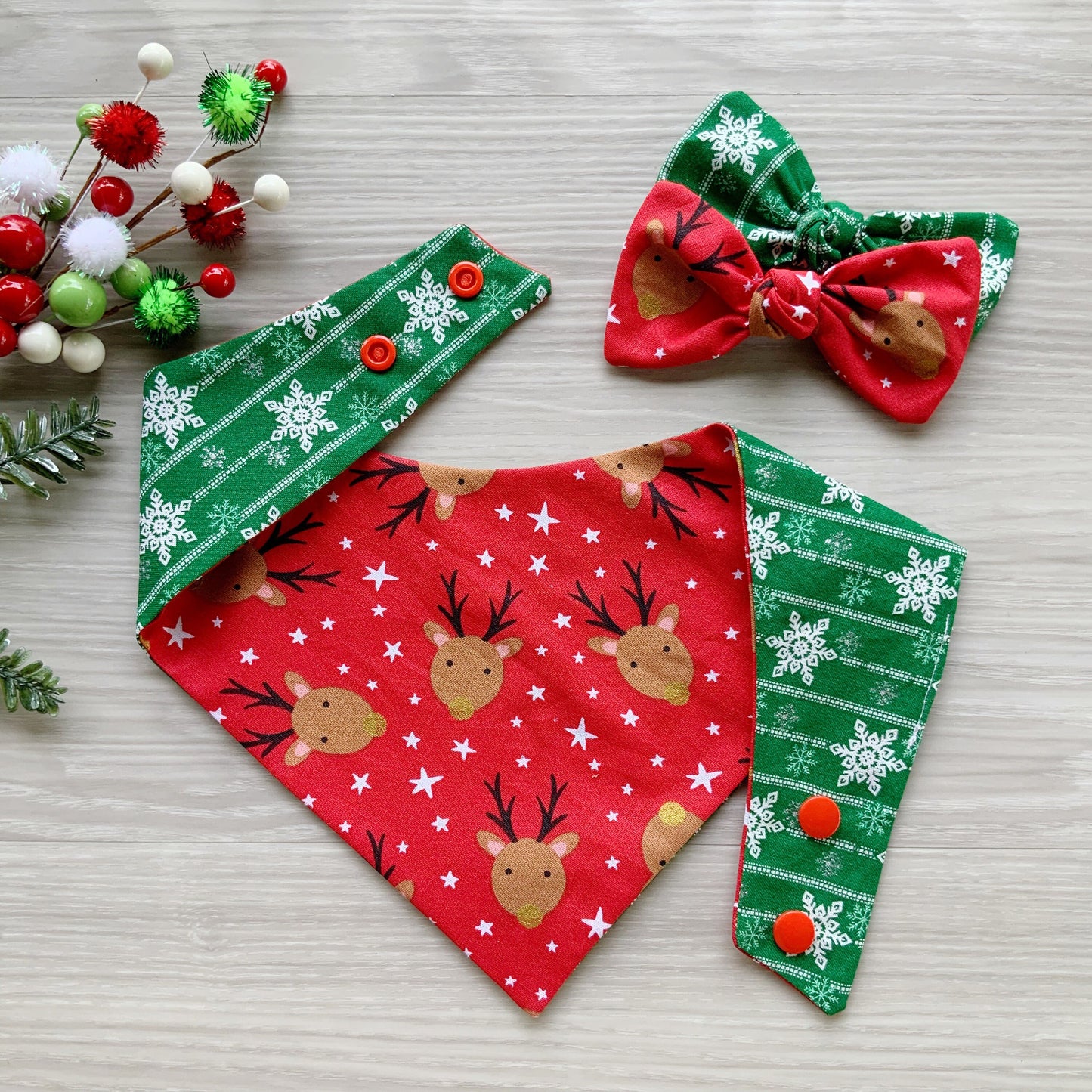 Reindeer and Snowflake Christmas Dog bandana, Snap on Bandana, Matching hair-bow, Bow and Bandana, Hair Scrunchies, red plaid