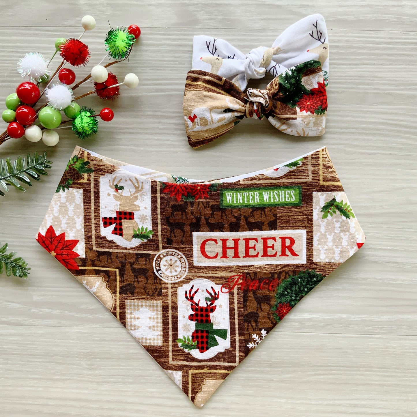 New! Christmas Deer Dog bandana, Snap on Bandana, Matching hair-bow, Bow and Bandana, Hair Scrunchies, reindeer