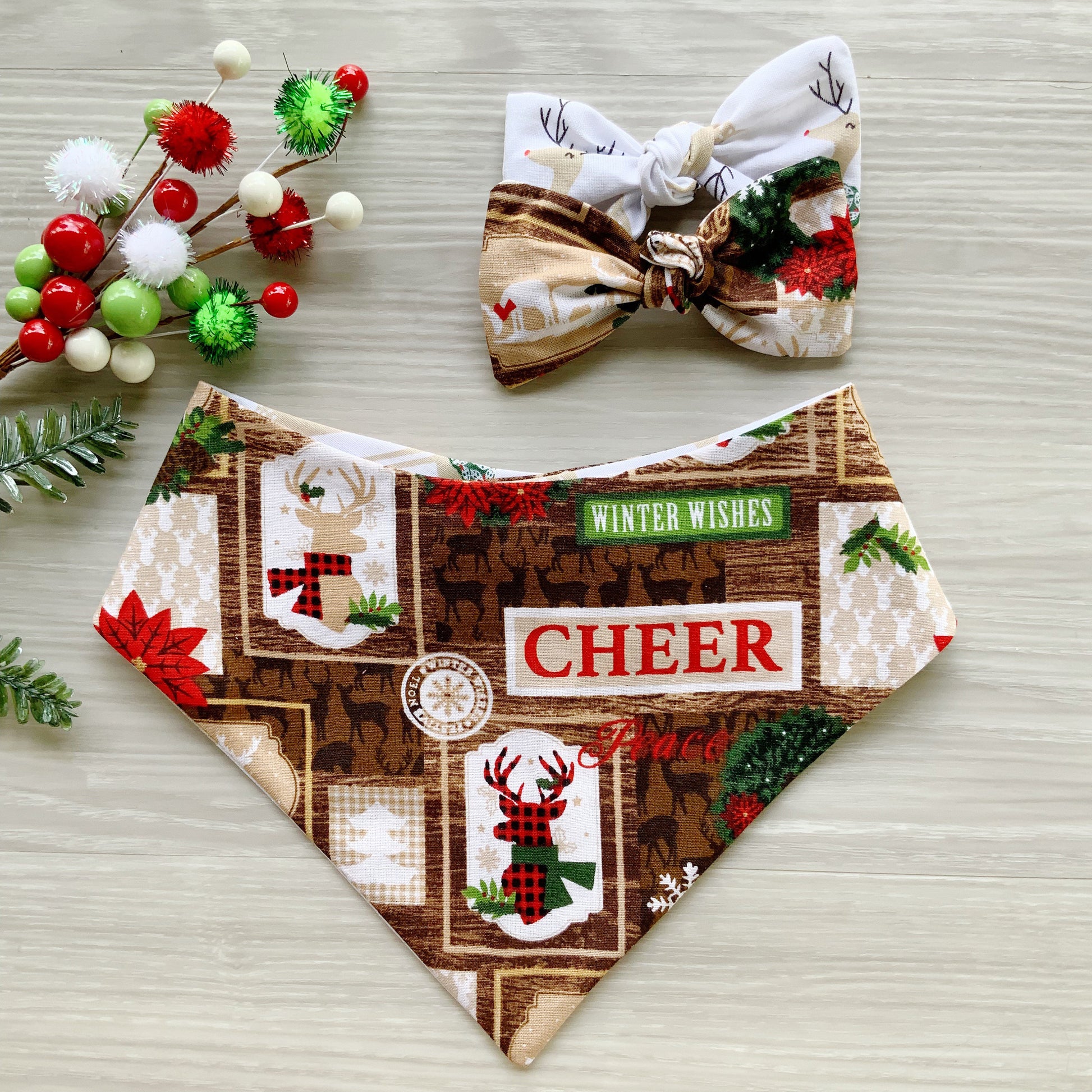 New! Christmas Deer Dog bandana, Snap on Bandana, Matching hair-bow, Bow and Bandana, Hair Scrunchies, reindeer