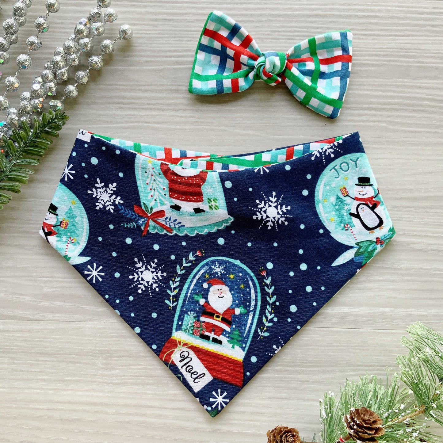 Santa Snowglobe Dog bandana, Snap on Bandana, Matching hair-bow, Bow and Bandana, Hair Scrunchies, red plaid
