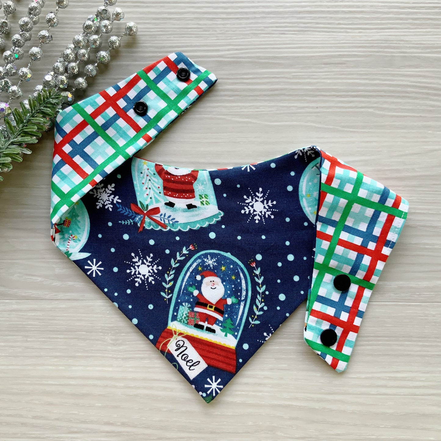 Santa Snowglobe Dog bandana, Snap on Bandana, Matching hair-bow, Bow and Bandana, Hair Scrunchies, red plaid