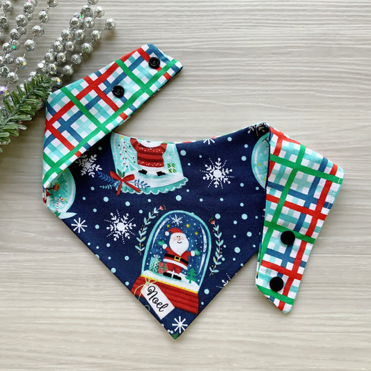 Santa Snowglobe Dog bandana, Snap on Bandana, Matching hair-bow, Bow and Bandana, Hair Scrunchies, red plaid