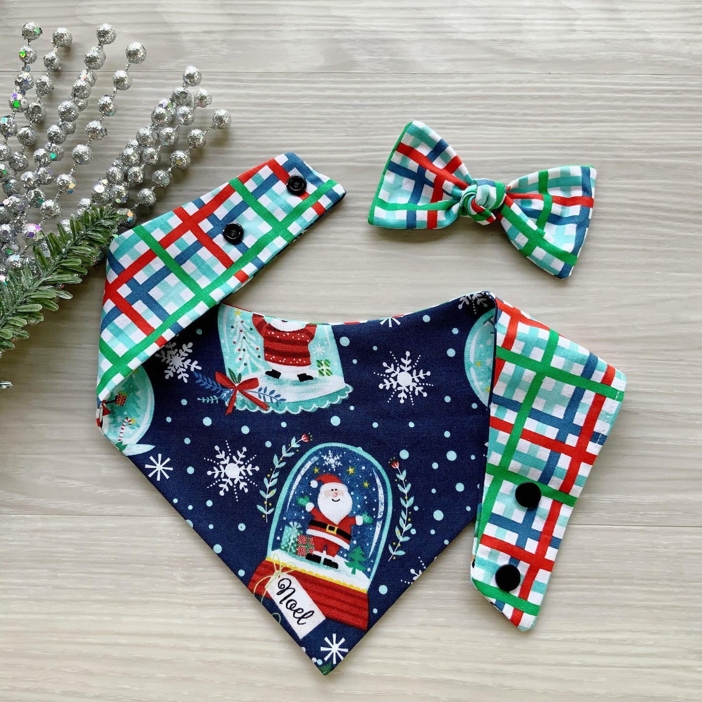 Santa Snowglobe Dog bandana, Snap on Bandana, Matching hair-bow, Bow and Bandana, Hair Scrunchies, red plaid