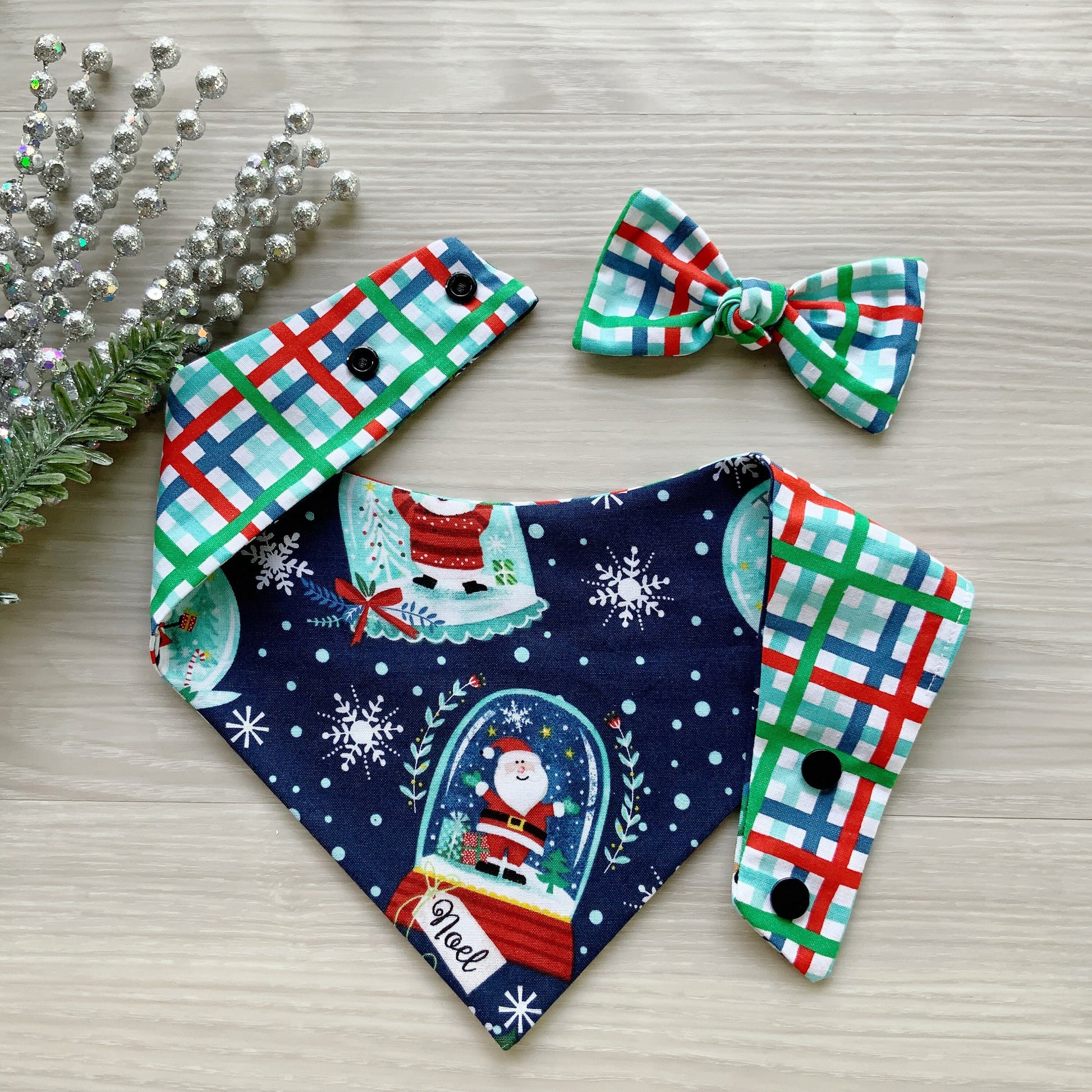 Santa Snowglobe Dog bandana, Snap on Bandana, Matching hair-bow, Bow and Bandana, Hair Scrunchies, red plaid