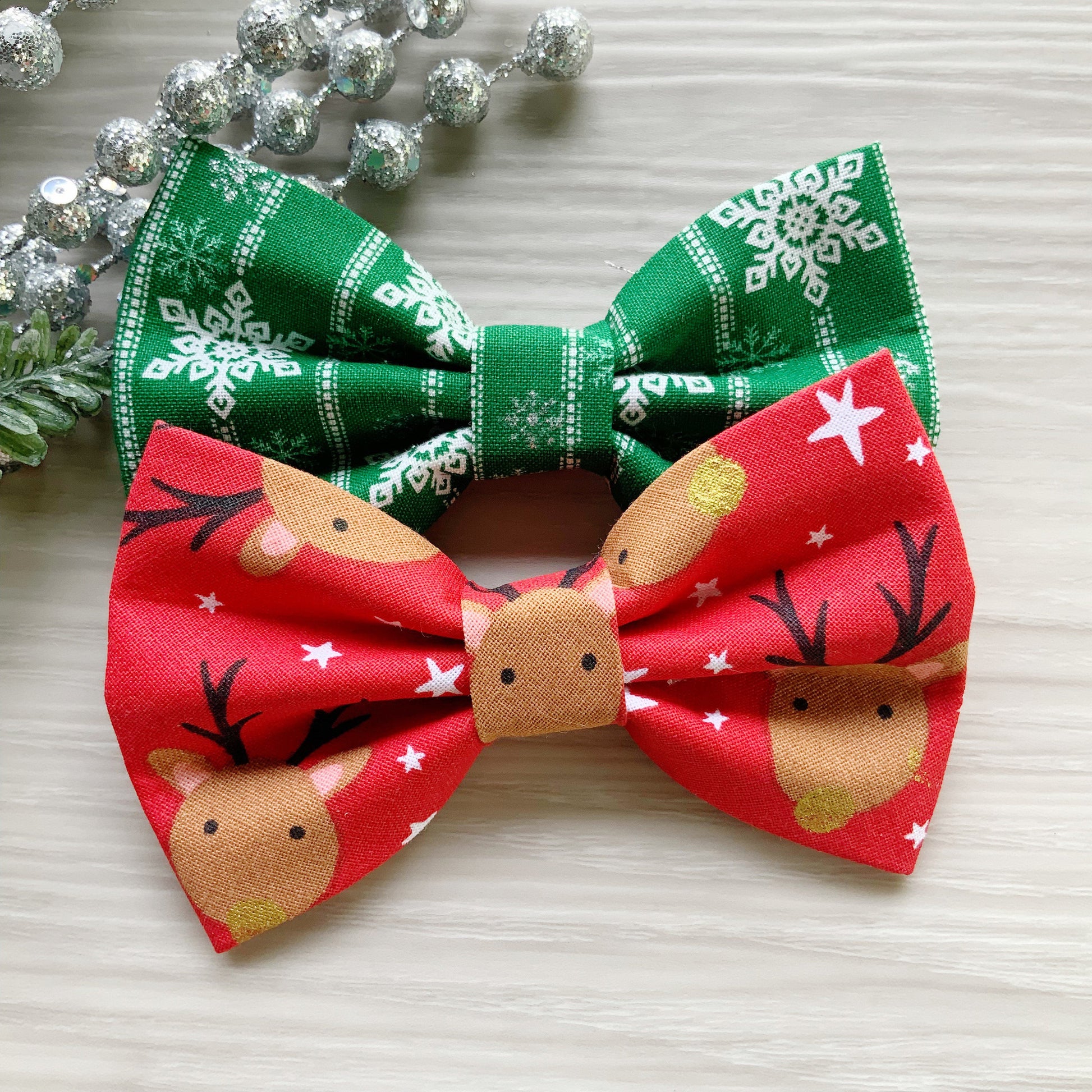 Christmas Dog Bowtie, Reindeer and Snowflake Pattern, Dog Collar Accessory