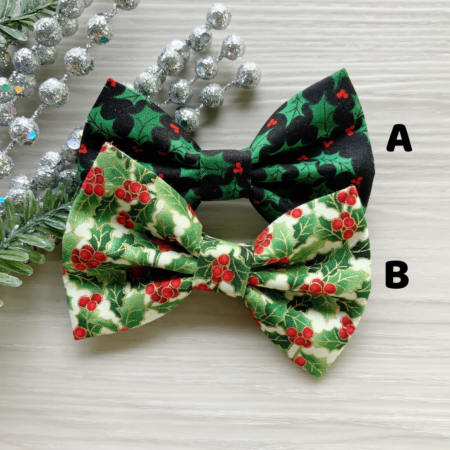 Christmas Dog Bowtie, Holiday Holly Print, Pet Collar Accessory