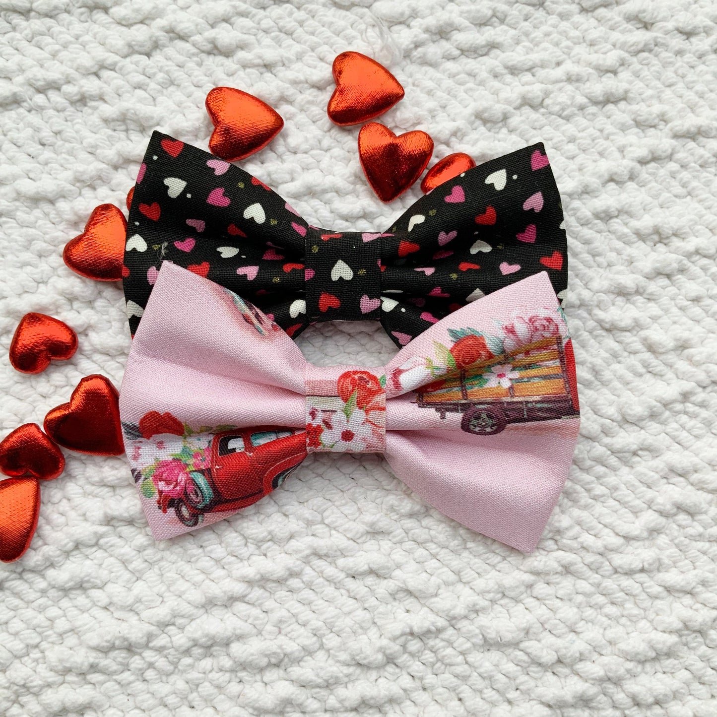 Valentines Dog Bow Tie, Hearts and Flower Truck, Pet Collar Accessory