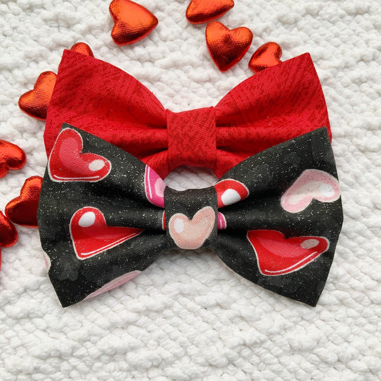 Valentines Dog Bow Tie, Black Hearts, Red Cotton, Handmade